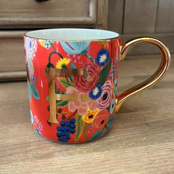 Anthropologie x Rifle Paper Mug “Garden Party” Monogram “F” Floral Gold Handle - Picture 1 of 6